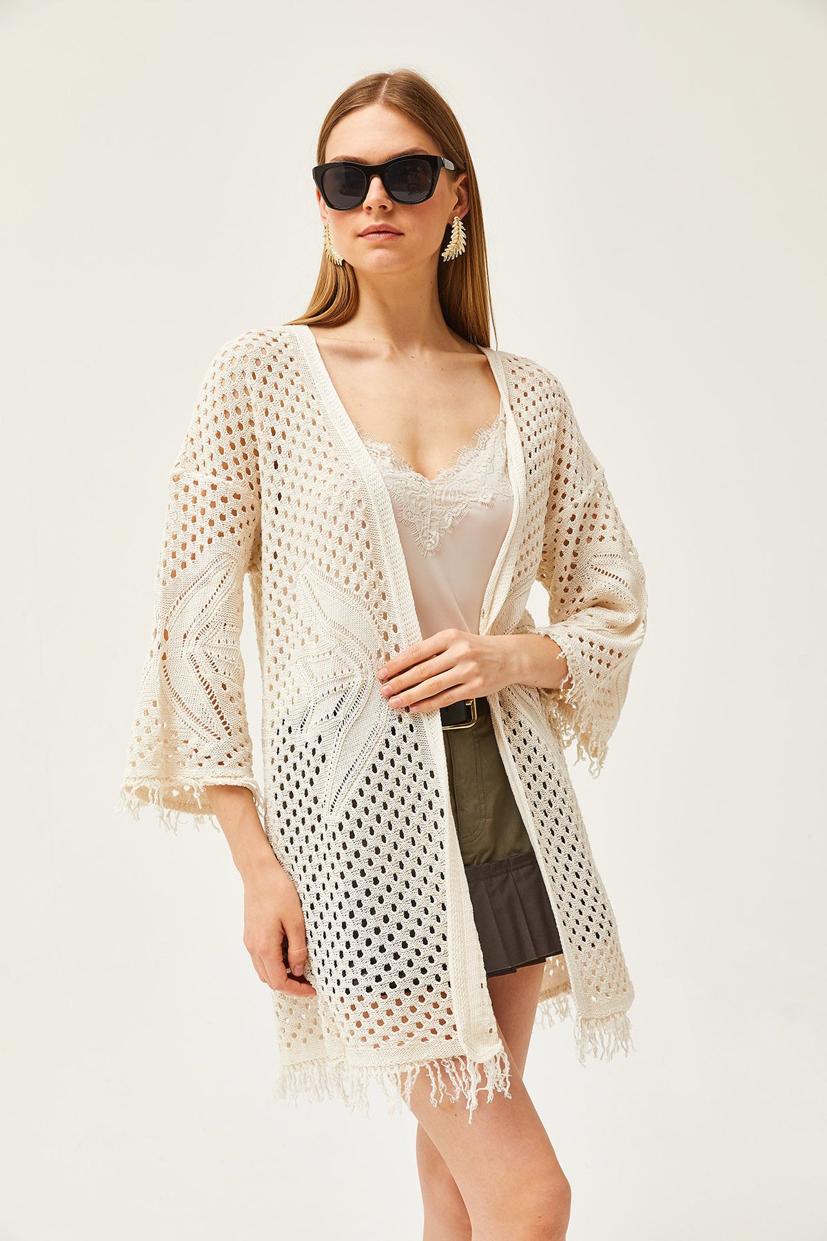 Olalook-Damen-Strickjacke mit durchbrochenem Rüschenmuster und Schmetterlingsmuster in Ecru HRK-19000284 3