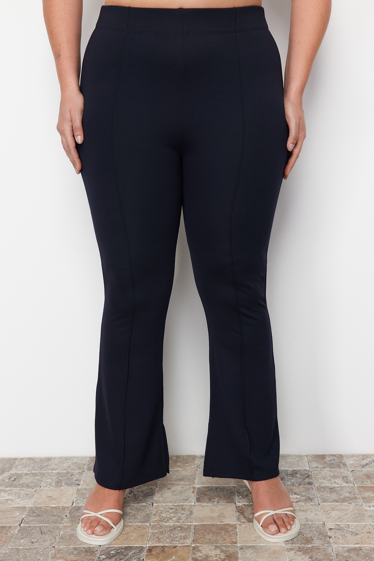 Trendyol Curve-Navy Blue Spanish Leg High Waist Slit Detailed Knitted Trousers TBBAW23AR00002 4