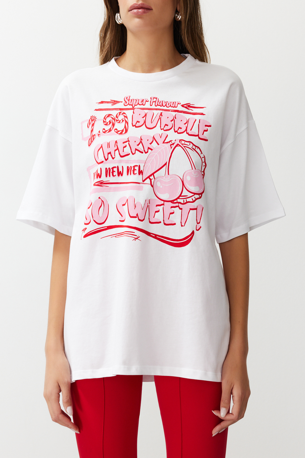 Trendyolmilla  Beyaz %100 Kalın Pamuklu Baskılı Oversize/Rahat Kesim Örme T-Shirt TWOSS24TS00123 - Görsel 5