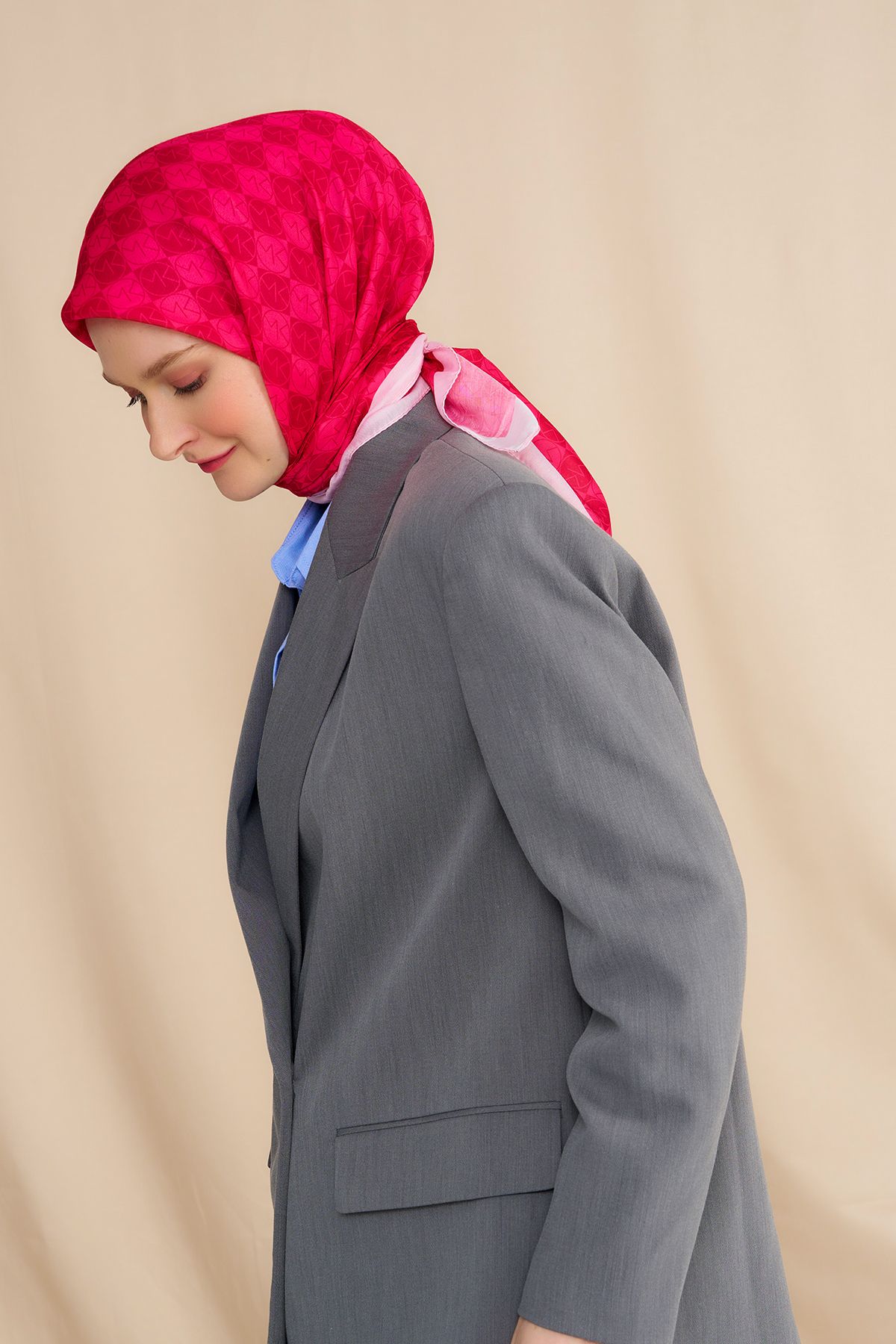 Modakaşmir-Mk Checker Cotton Scarf Fuchsia 2