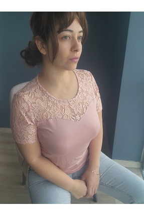 ECECE Büyük Beden Dantel Detay Pembe Bluz