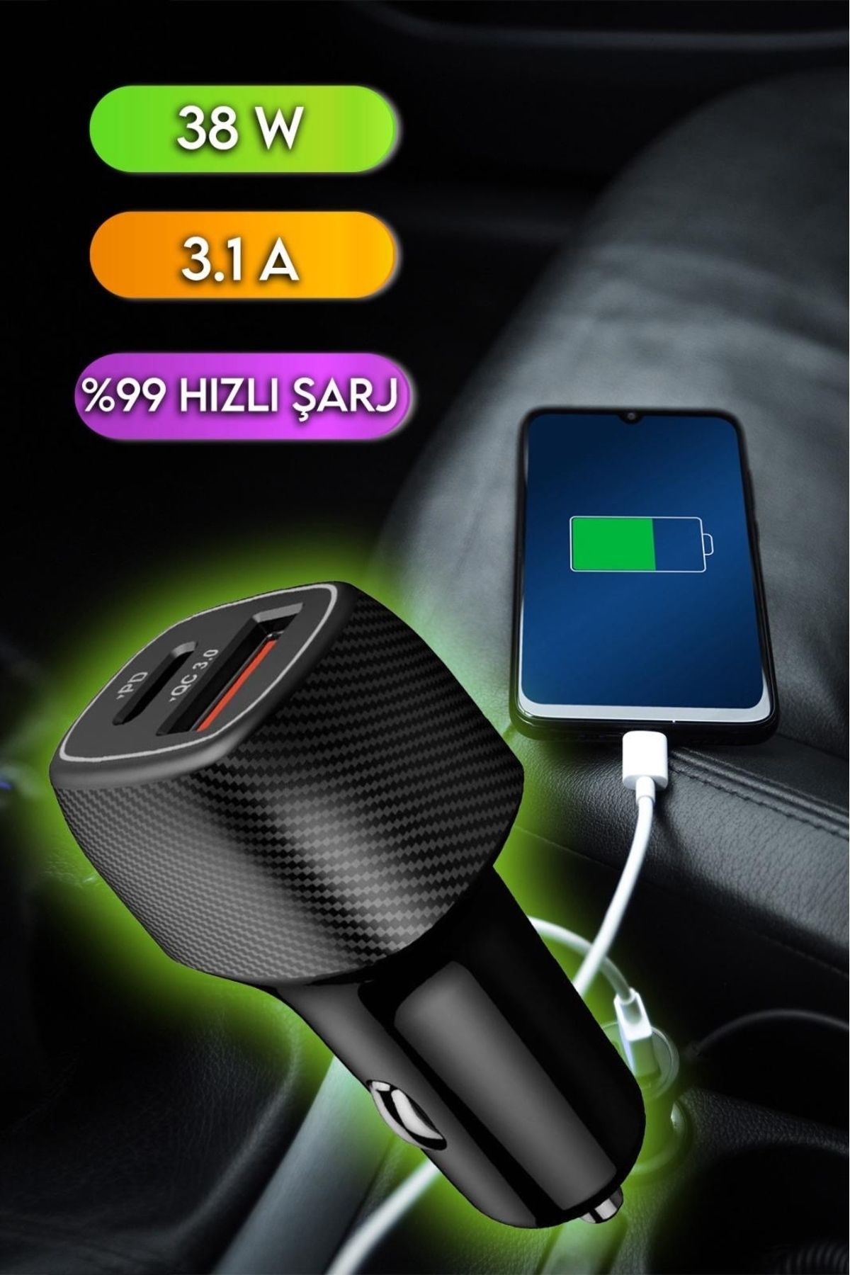 Hızlı Şarj Type-c Ve Usb Çıkışlı Araba Çakmaklık Şarj Aletia