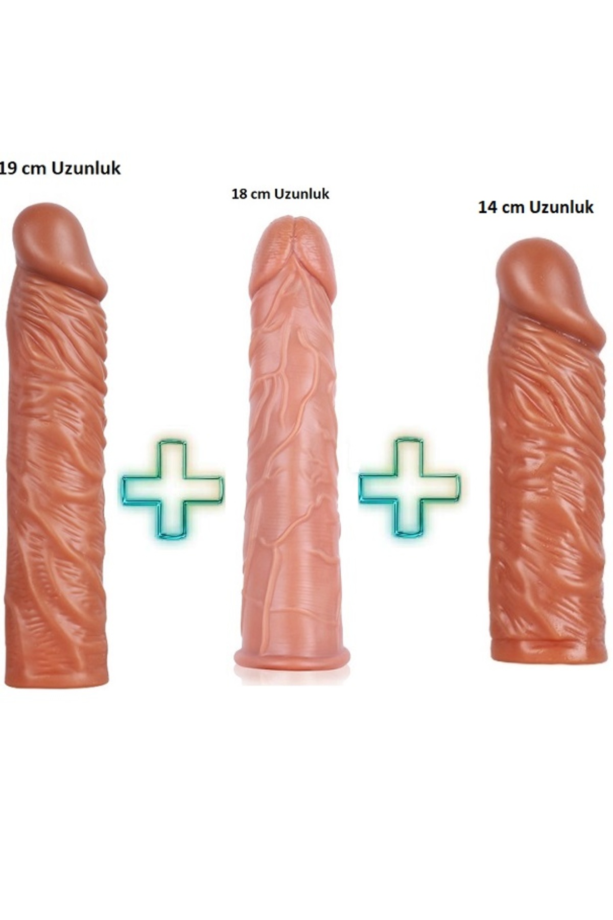 Realistik 19 cm 18 cm ve 14 cm Boyunda Damarlı Kaliteli 3 lü Silikon penis kılıfı Seti