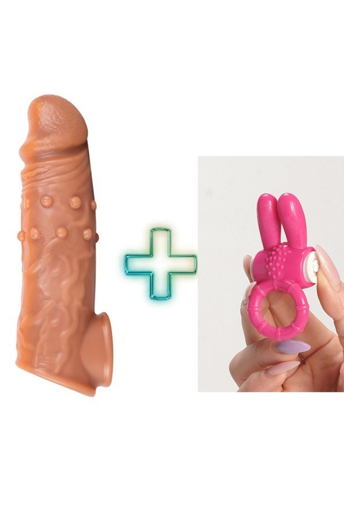 16 cm uzunlukta Tırtıklı ve Testis halkalı silikon penis kılıfı ve Pembe Penis Halkası