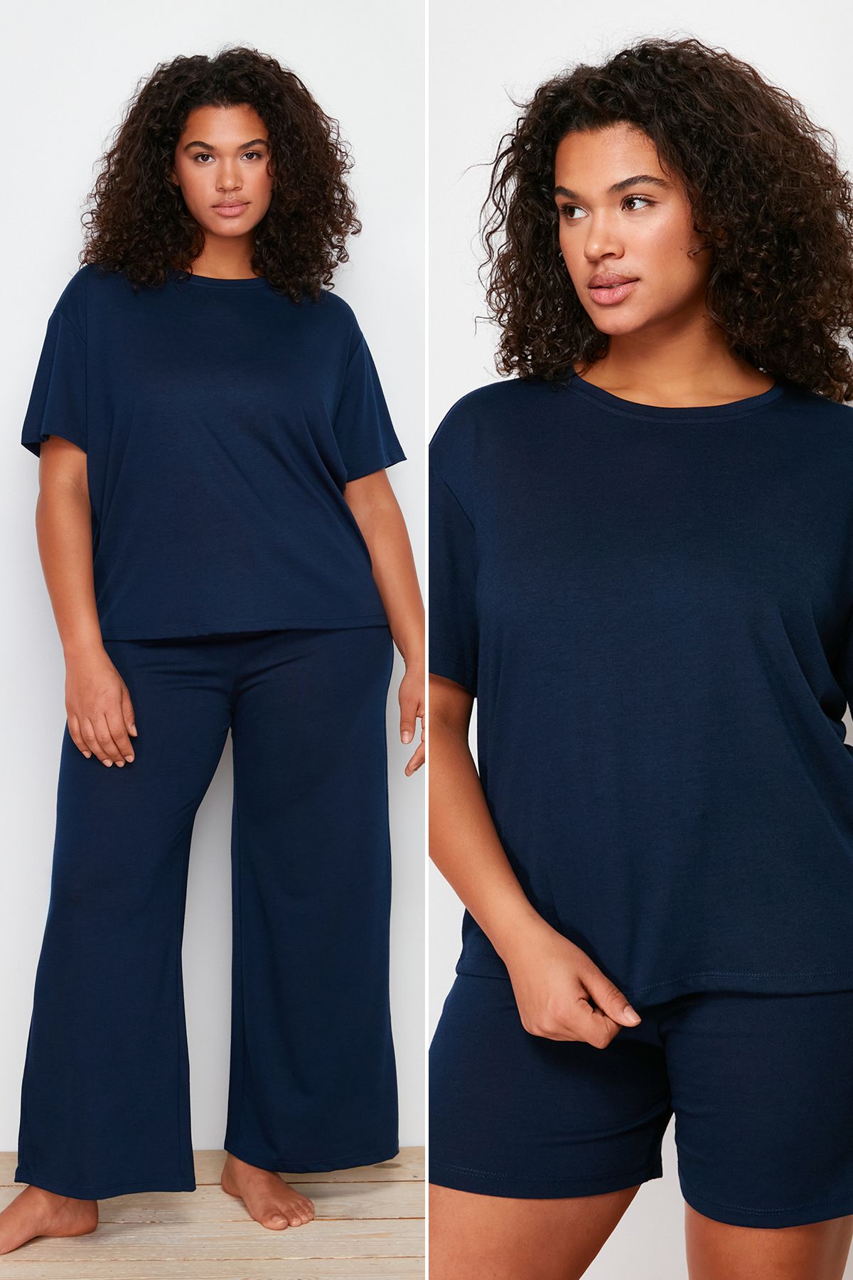 Trendyol Curve Granatowy 3-częściowy Komplet Piżam Z Dzianiny Z Okrągłym Dekoltem Kobieta - XL