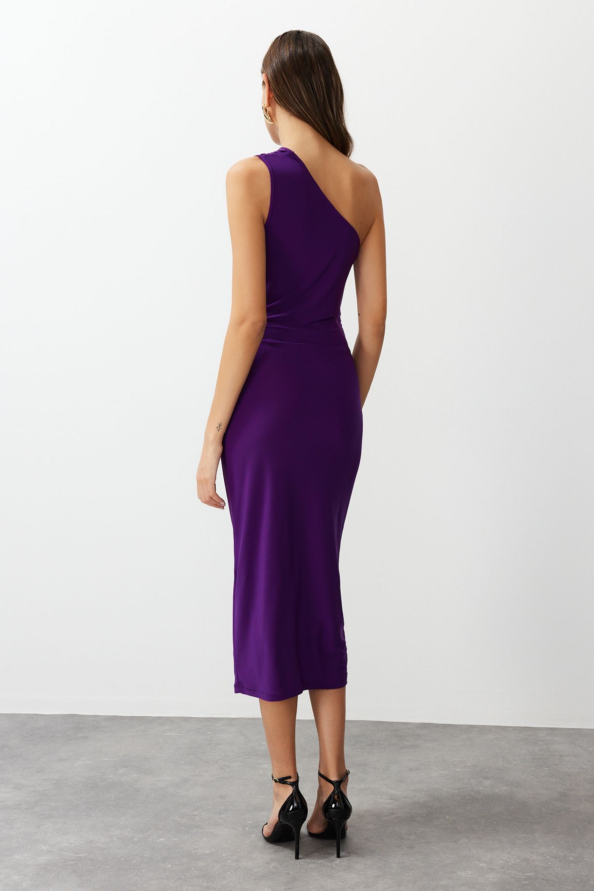 Trendyol Collection-Rochie creion midi, mov, cu un singur umăr, drapată/multit, elastică, tricotată TWOSS24EL00100 5