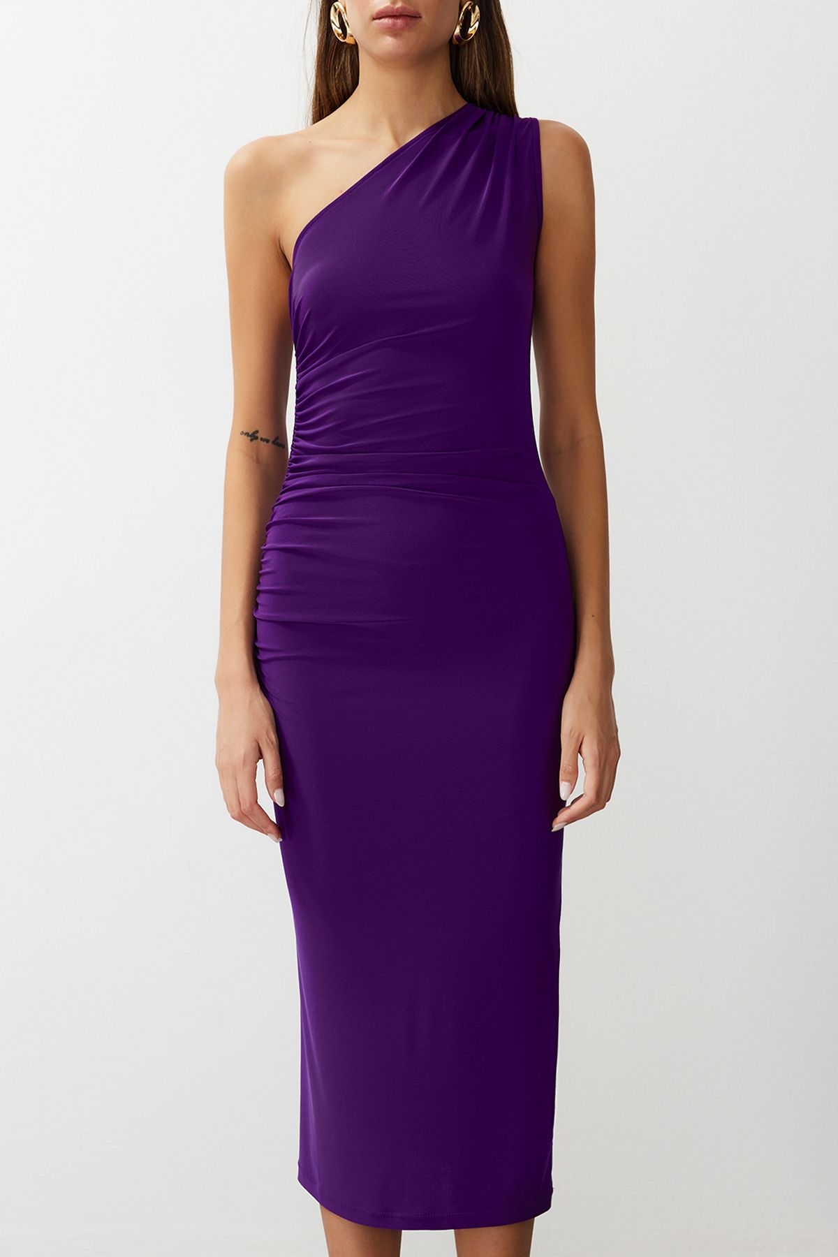 Trendyol Collection-Rochie creion midi, mov, cu un singur umăr, drapată/multit, elastică, tricotată TWOSS24EL00100 4