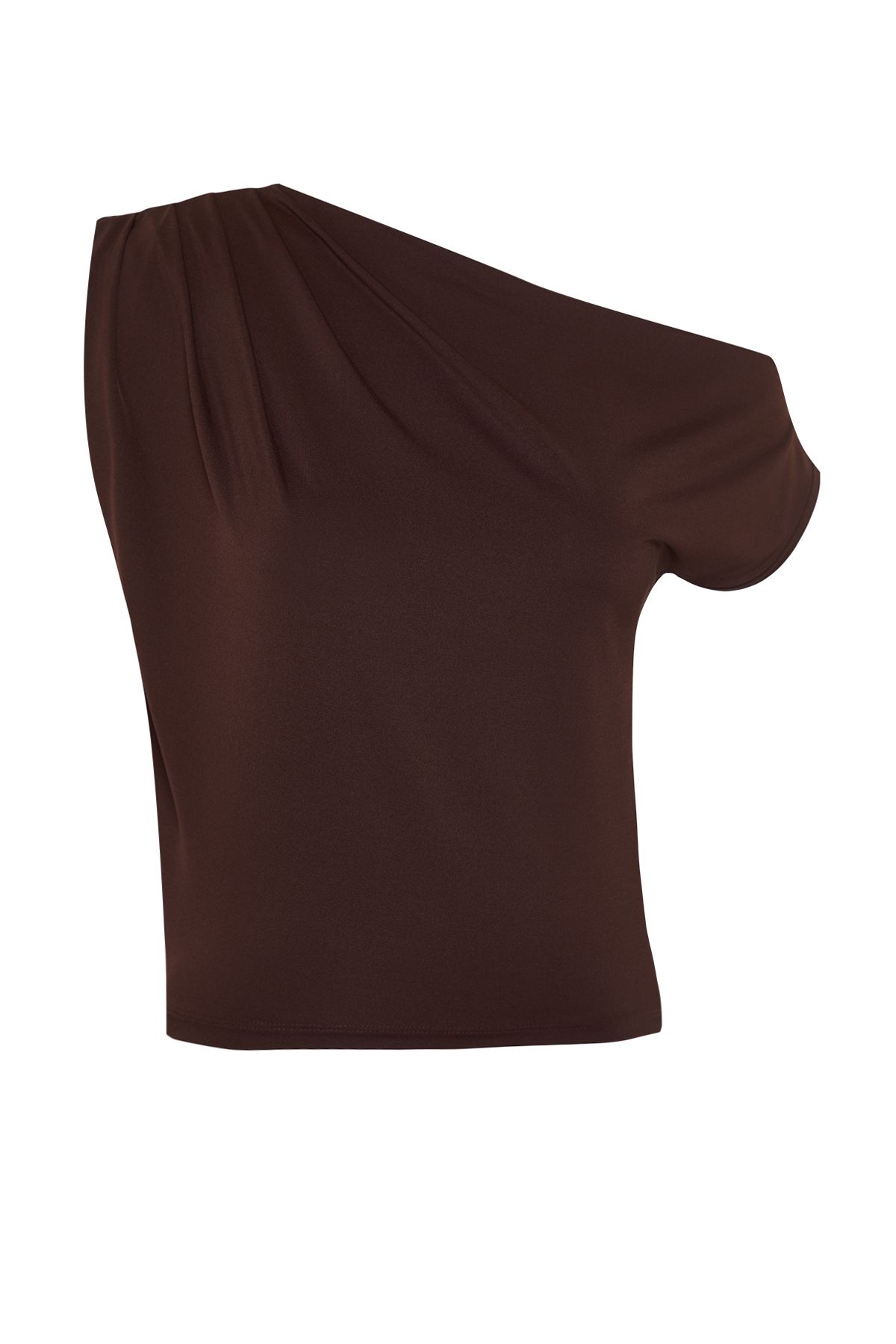 Trendyol Collection-Braune, flexible Strickbluse mit normaler/normaler Passform, asymmetrischem Ausschnitt, Nullärmeln und Druckknöpfen TWOSS24BZ00396 7