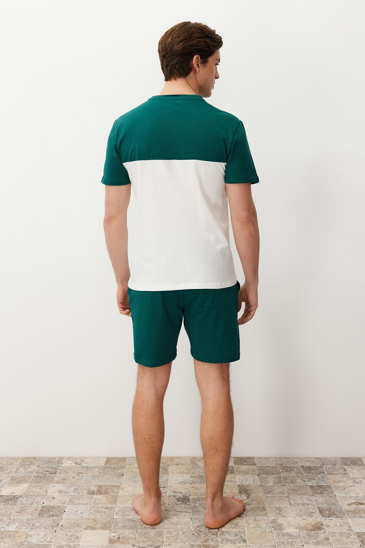 Trendyol Collection-Green Ecru Color Blocked Elastic Waist Regular Fit Knitted Shorts Pajamas Set TMNSS24PT00005 6