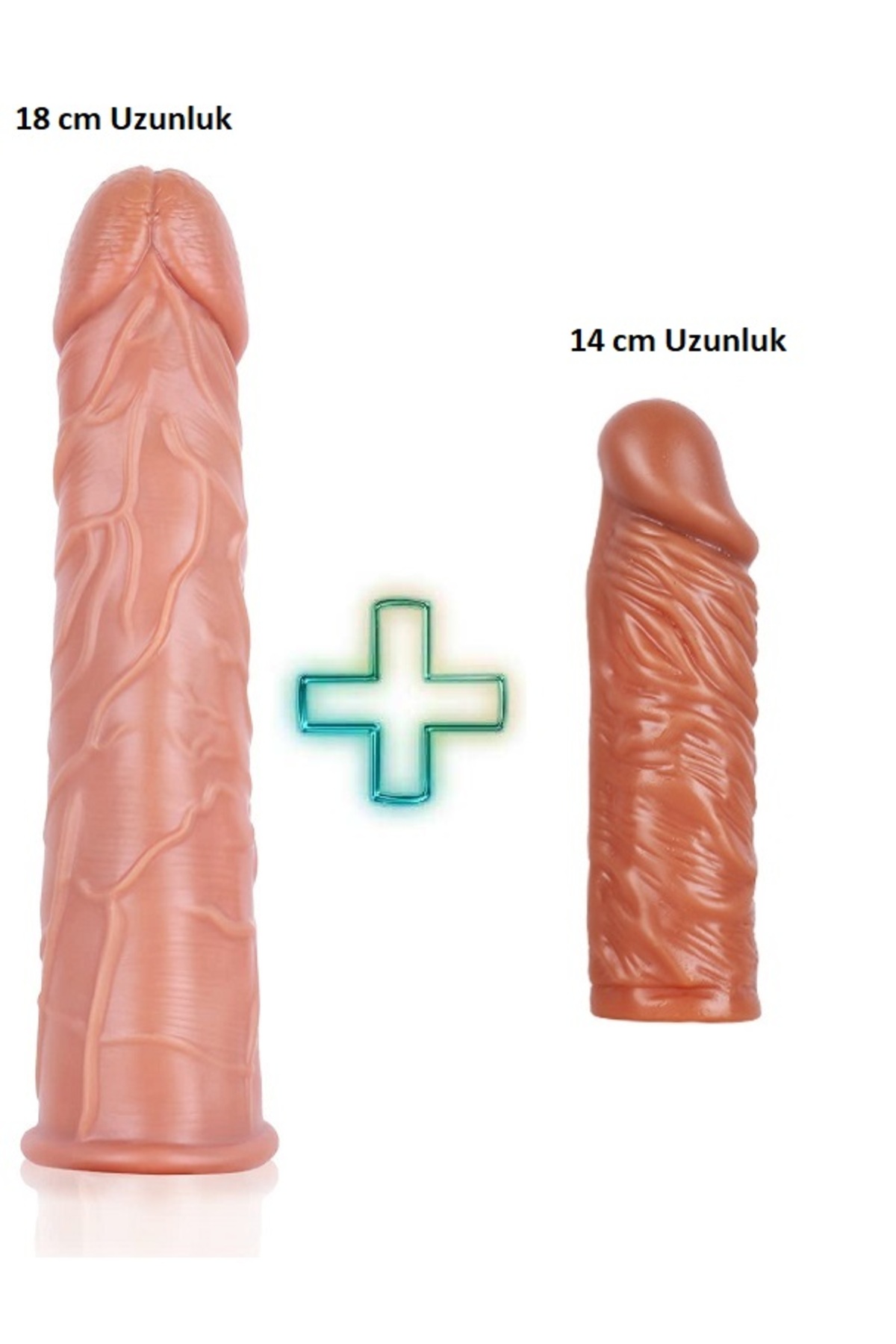 18 cm ve 14 cm Boyunda Damarlı Ultra Esnek Kaliteli 2 li Silikon penis kılıfı Seti