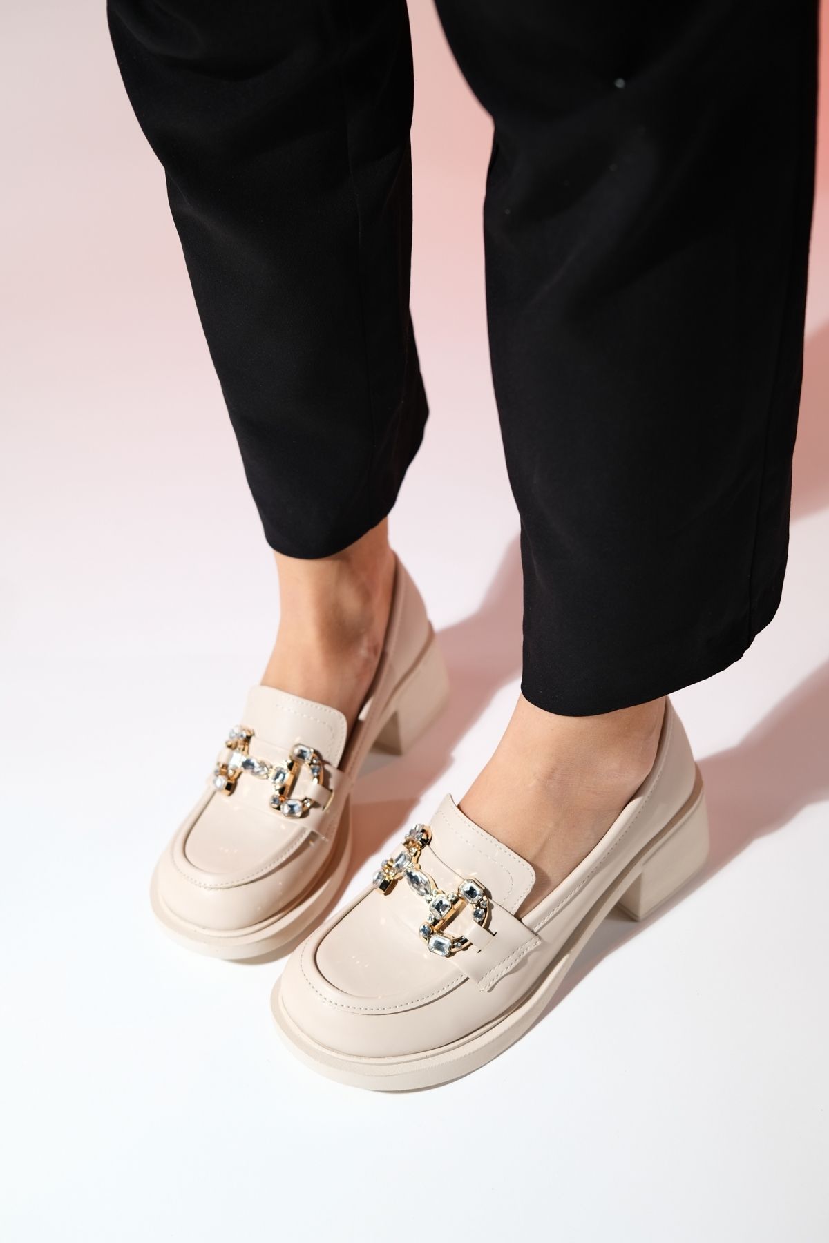 کفش پاشنه کلاسیک نود زنانه های ای ضخیم پوست آنگلو بژ luvishoes