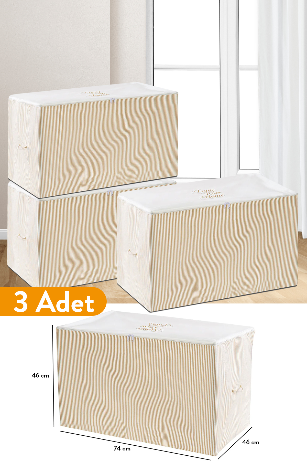 3 Pcs - Big Size Beige Striped Pulp - 74 X 46 X 46 Cm