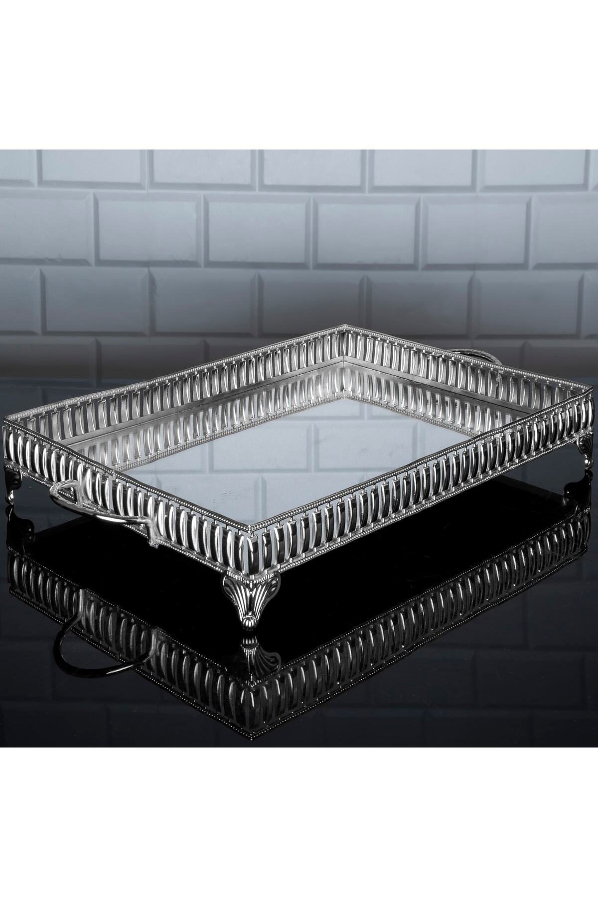 Hinora Hürrem Dikdörtgen Büyük Tepsi Aynalı Metal Kulplu Sunumluk Servis Tepsisi Gümüş 52x27 Cm