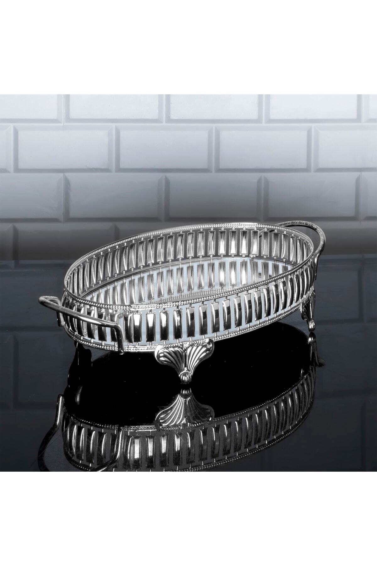 Hinora Hürrem Oval Küçük Tepsi Aynalı Metal Kulplu Kahve Sunumluk Çikolata Tepsisi Gümüş 36x20cm