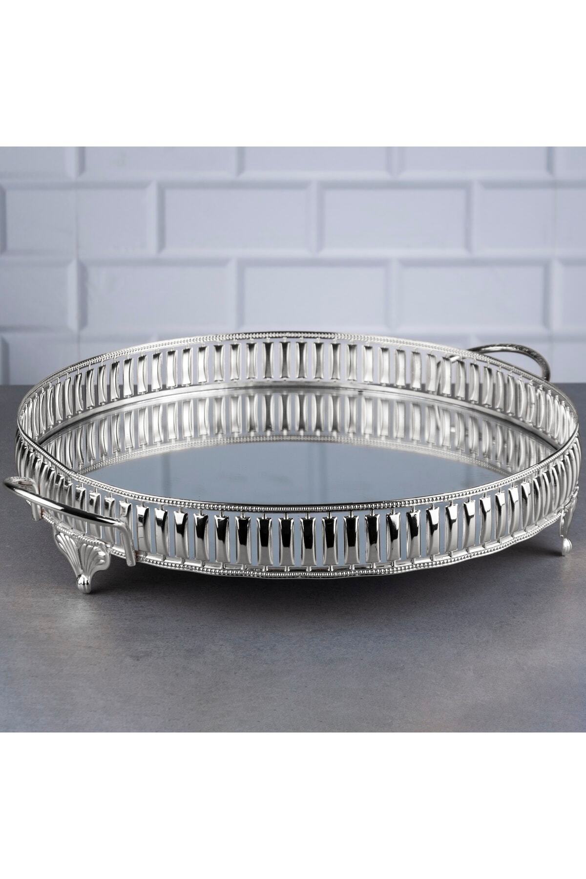 Hinora Hürrem Yuvarlak Büyük Tepsi Aynalı Metal Kulplu Sunumluk Kahve Servis Tepsisi Gümüş 35 Cm
