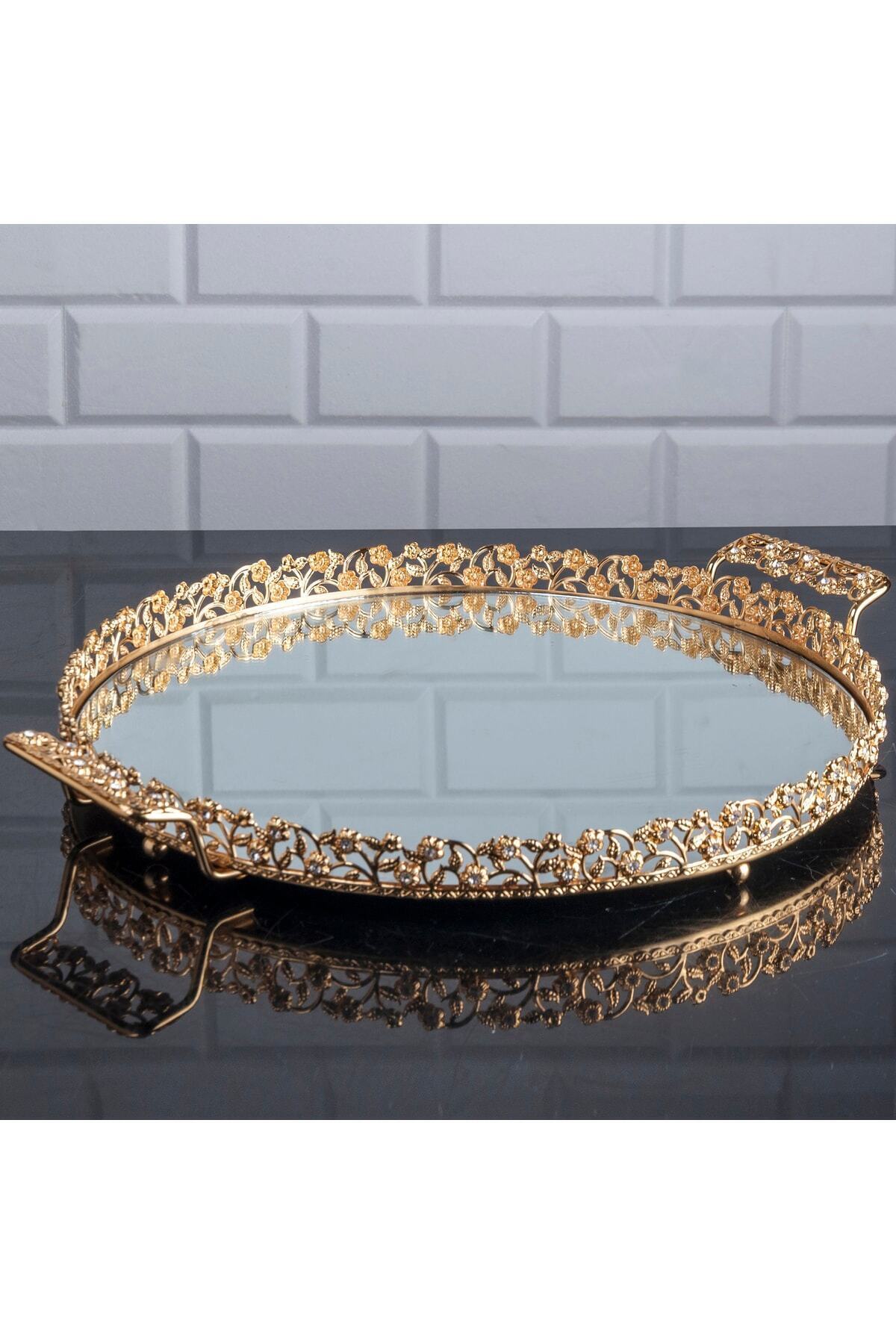 Genel Markalar Pırlanta Taşlı Yuvarlak Büyük Tepsi Aynalı Metal Kulplu Sunumluk Kahve Servis Tepsisi Altın 35 Cm