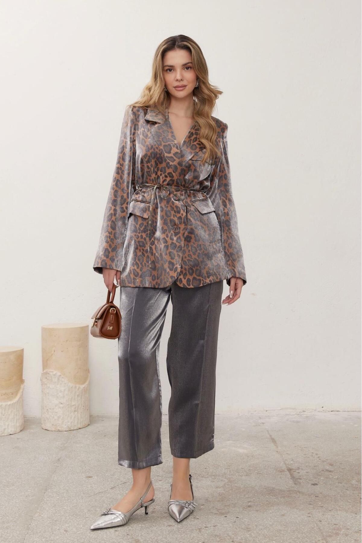 Ahel Tasarım-Sesilia Leopard Pattern Jacket Set - Anthracite 4