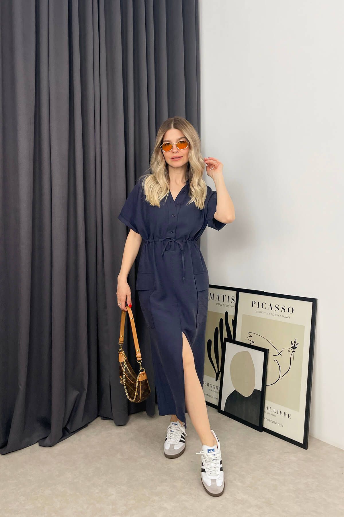 Sue Store-Rochie cămașă cu fante albastru bleumarin cu guler judecător în talie 3