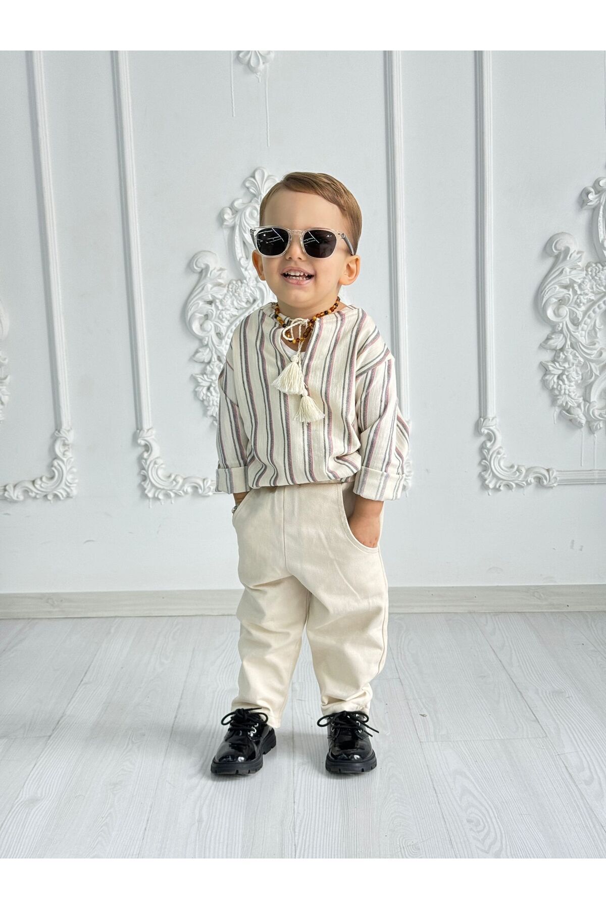 Ares Kids Fashion Unisex Set Açık Krem Gömlek Çizgili Ve Krem Pantolon Bayramlık Bebek Ve Çocuk Giyim Kız Erkek fotoğrafı 5 (önizleme)