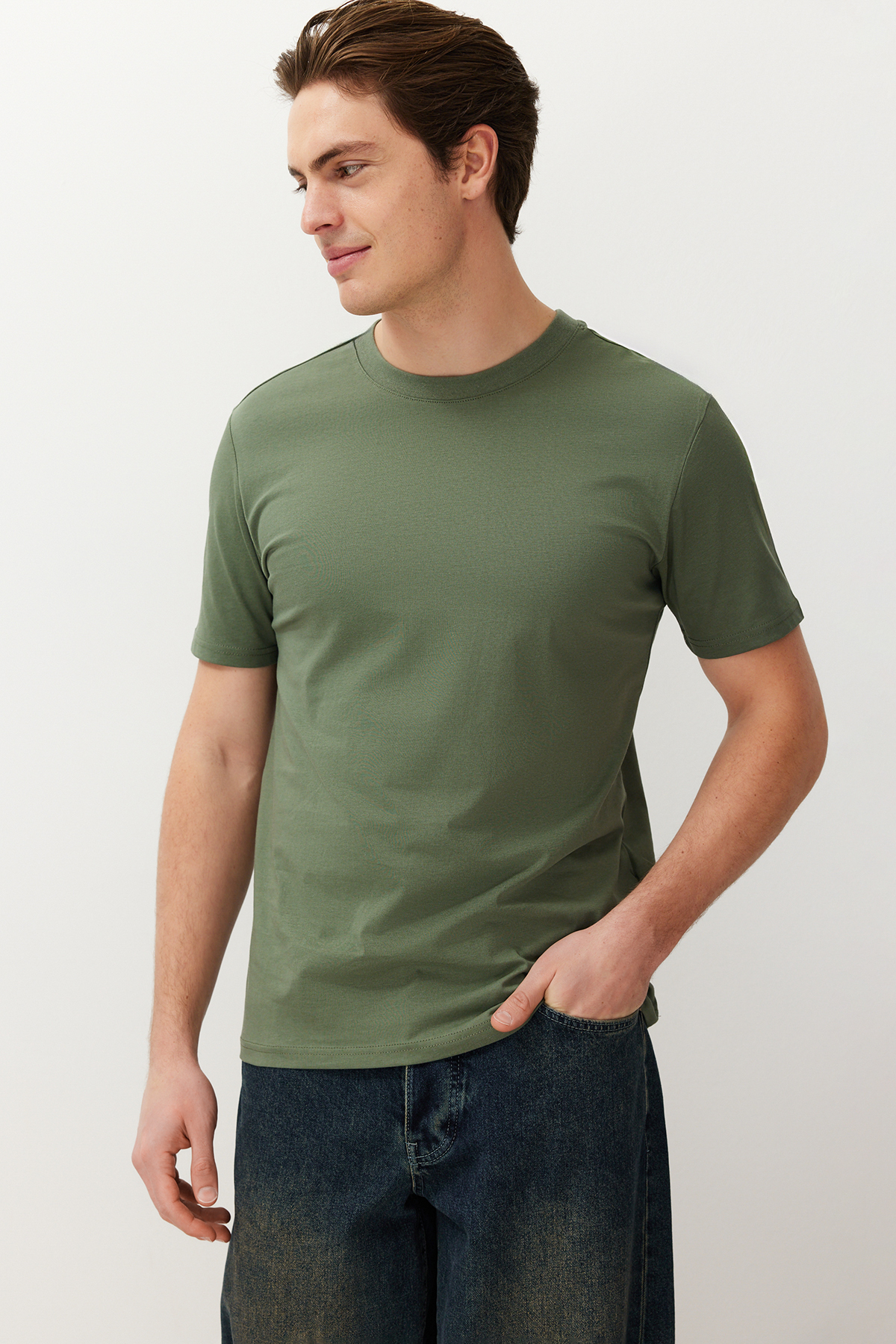 Trendyolmilla  Mint-Haki-Kahverengi Slim/Dar Kesim 5'li Paket %100 Tok Kumaş T-shirt TMNAW20TS0243 - Görsel 5