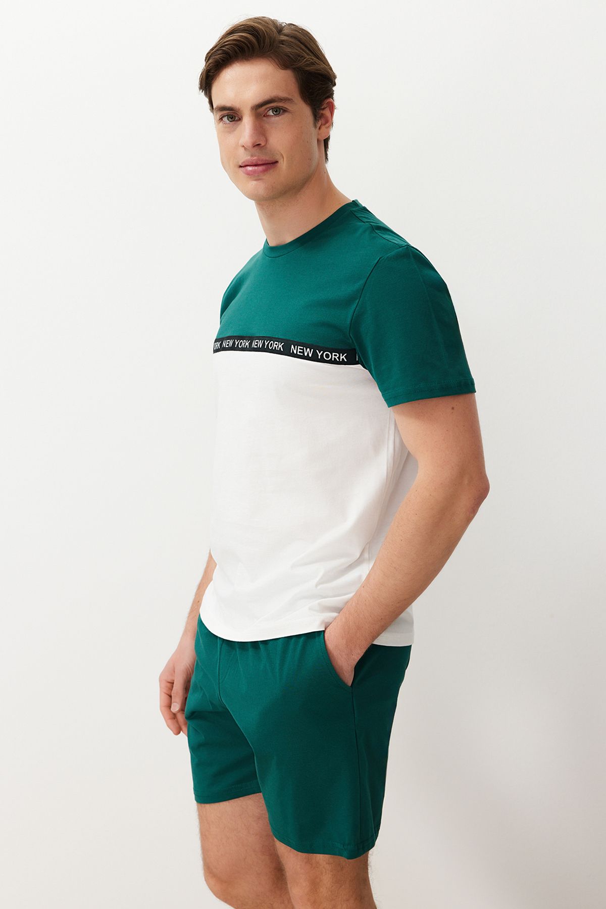 Trendyol Collection-Green Ecru Color Blocked Elastic Waist Regular Fit Knitted Shorts Pajamas Set TMNSS24PT00005 2