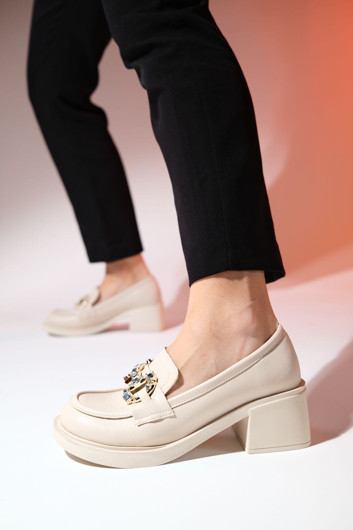 کفش پاشنه کلاسیک نود زنانه های ای ضخیم پوست آنگلو بژ luvishoes