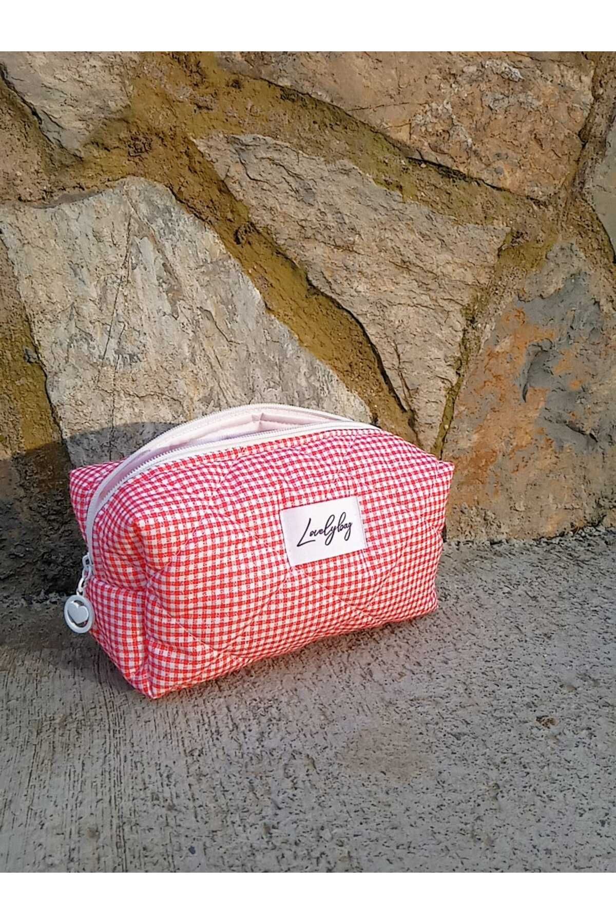 کیسه آرایش بزرگ گینگهام قرمز LOVELYBAG