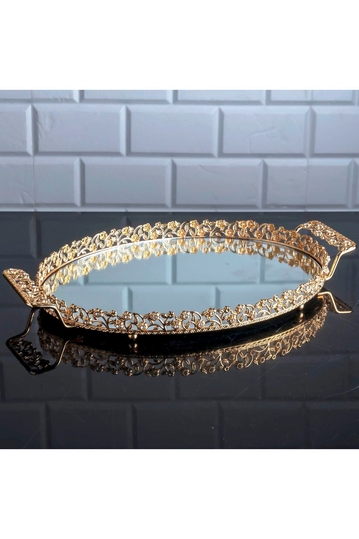 Hinora Pırlanta Taşlı Oval Büyük Tepsi Aynalı Metal Kulplu Sunumluk Çay Kahve Servis Tepsisi Altın