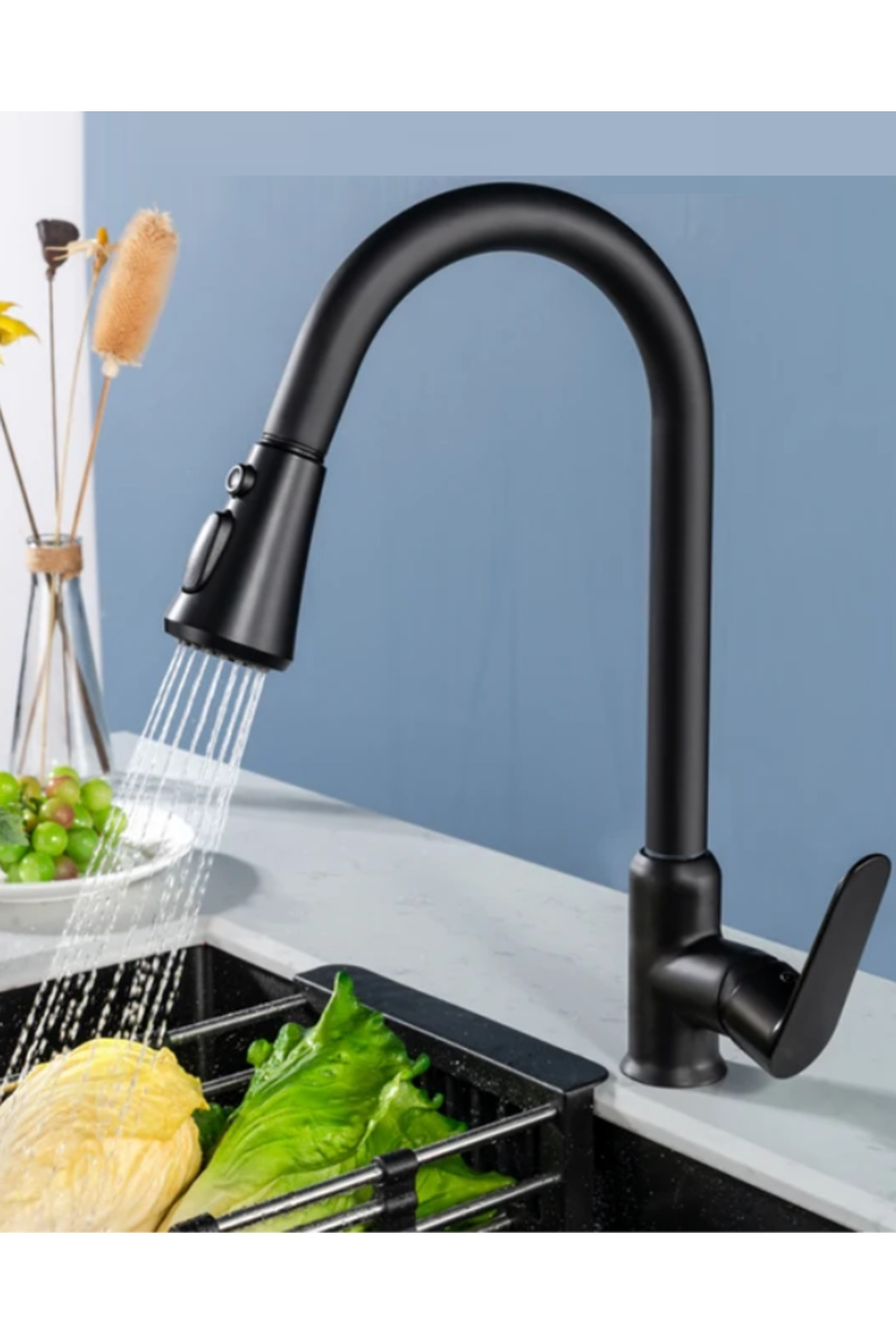 RENA Siyah Spiralli Mutfak Evye Bataryası Çift Modlu Tasaruf Fonksiyonlu Mat Siyah Uzatmalı Eviye Musluk