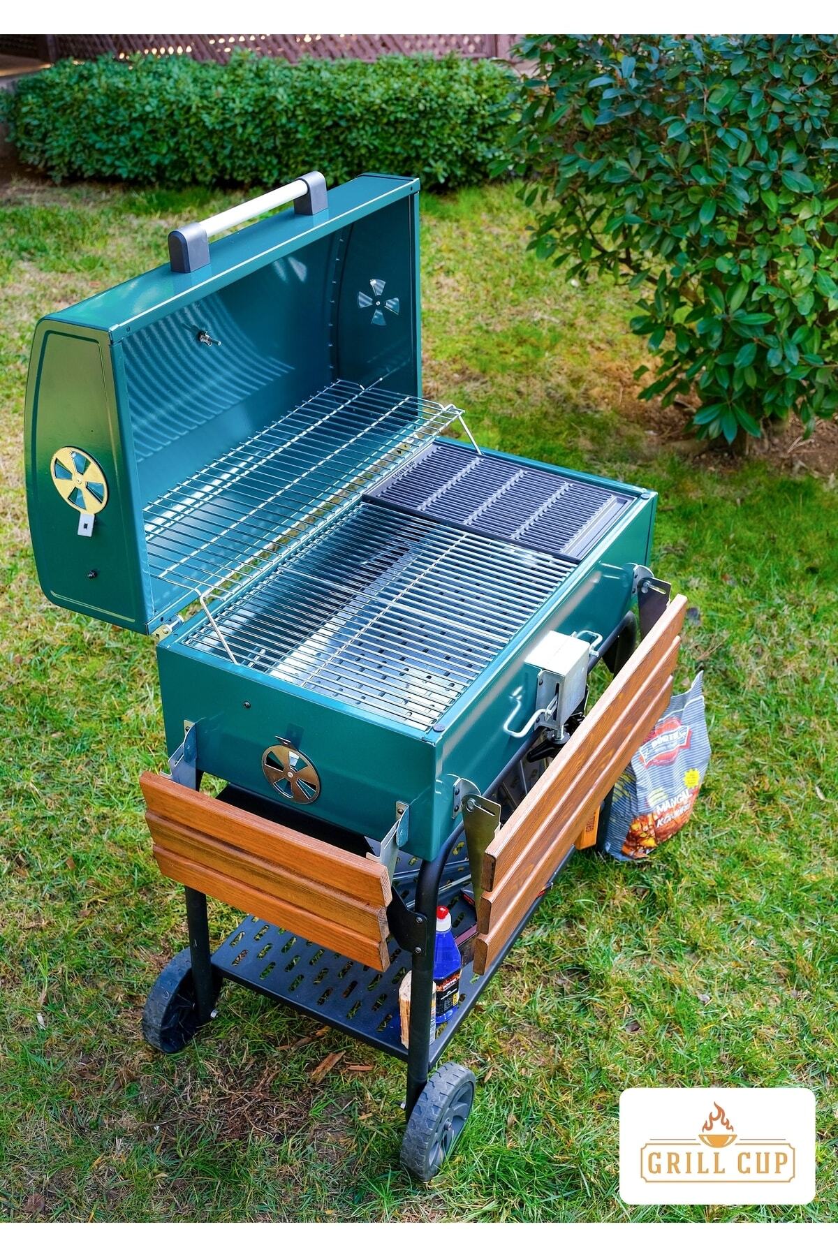 075 Cm Profesyonel Barbekü Mangal Orman Yeşili( Döküm Izgara Dayanıklı Mangal Kılıfı Hediye) 7