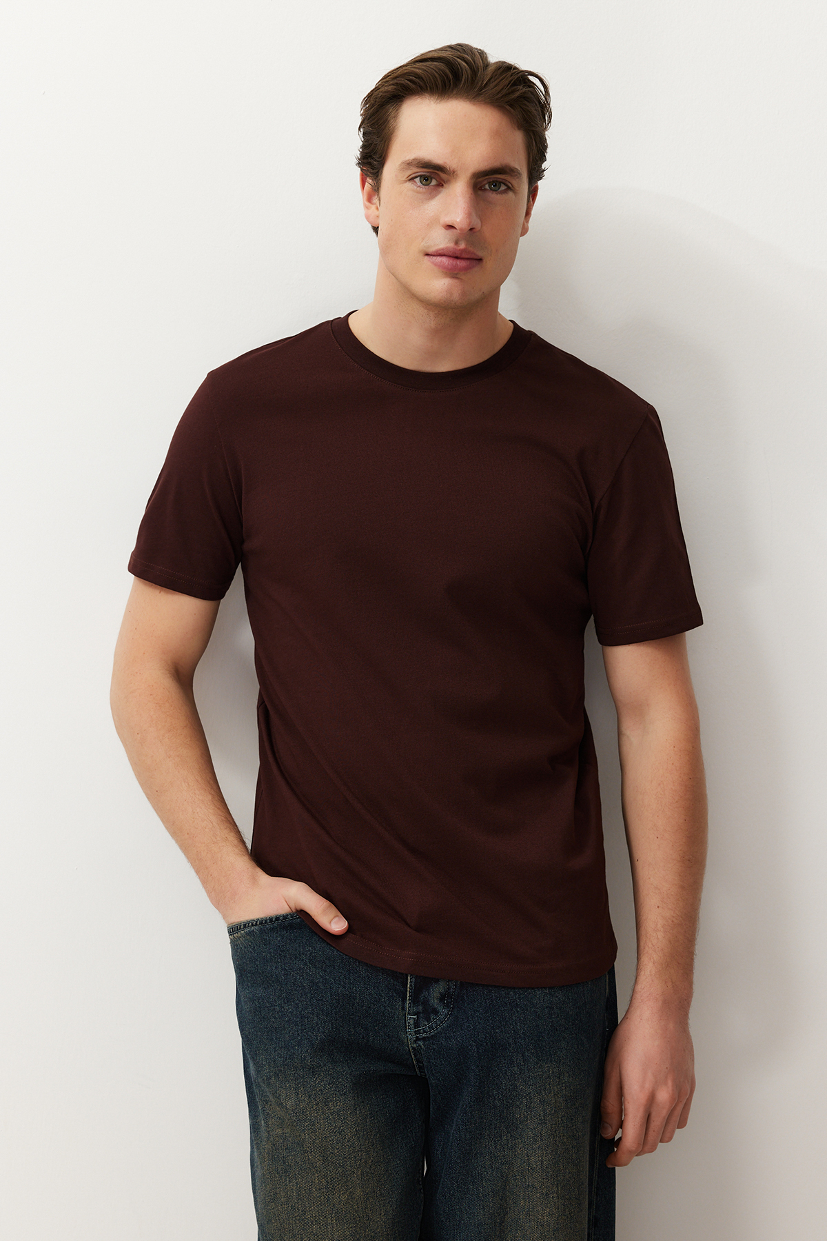 Trendyolmilla  Mint-Haki-Kahverengi Slim/Dar Kesim 5'li Paket %100 Tok Kumaş T-shirt TMNAW20TS0243 - Görsel 6