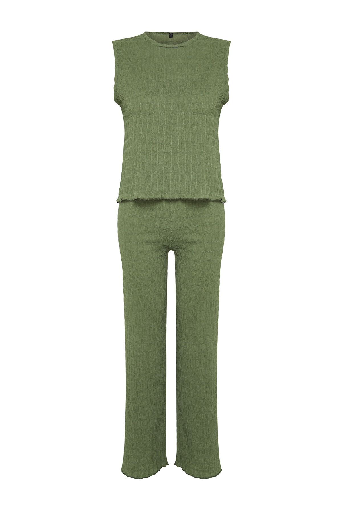 Trendyolmilla  Haki Dokulu Regular/Normal Kalıp Sıfır Kol Esnek Örme Bluz Pantolon Alt-Üst Takım TWOSS24AU00032 - Görsel 8