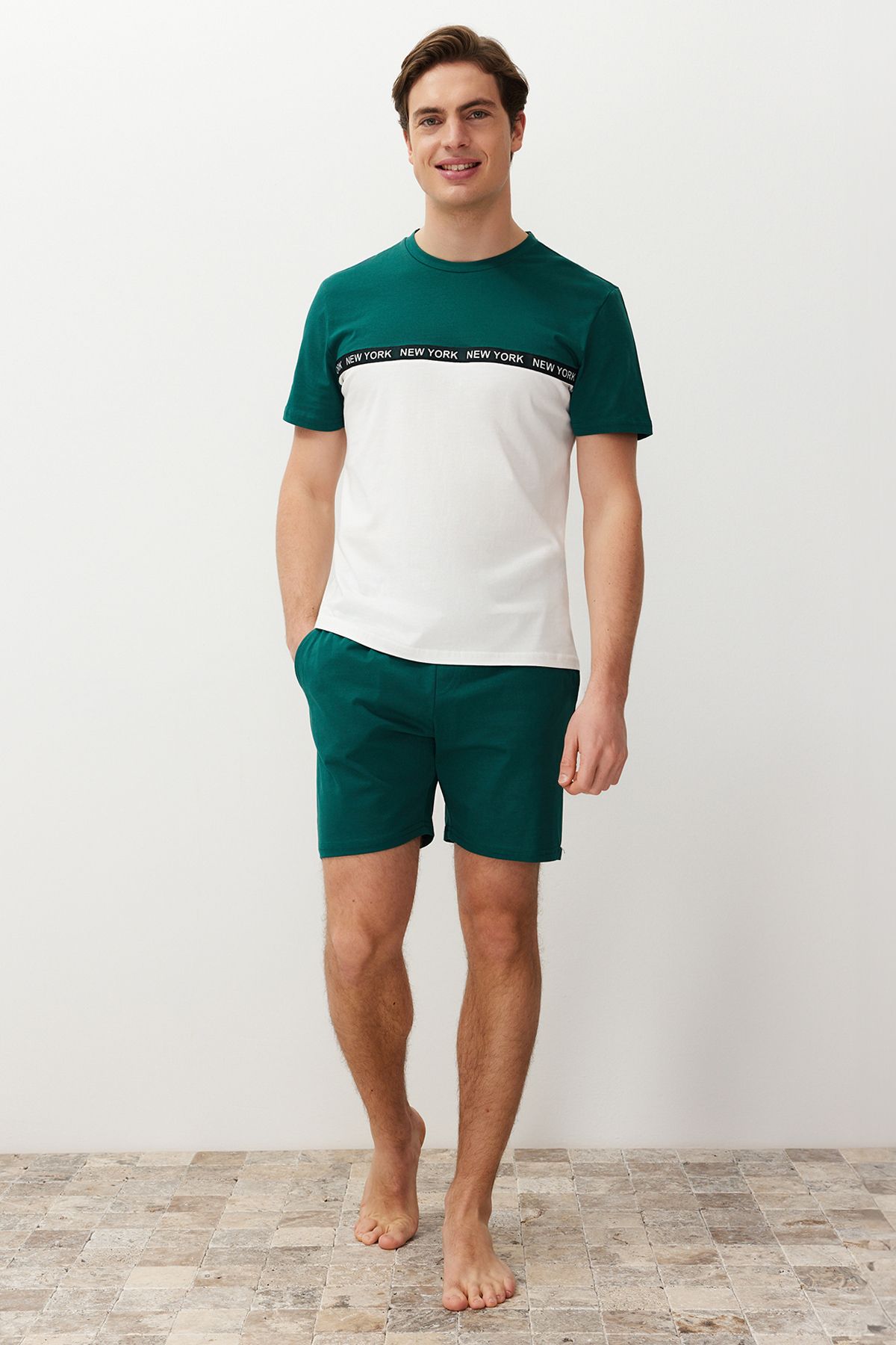 Trendyol Collection-Green Ecru Color Blocked Elastic Waist Regular Fit Knitted Shorts Pajamas Set TMNSS24PT00005 1