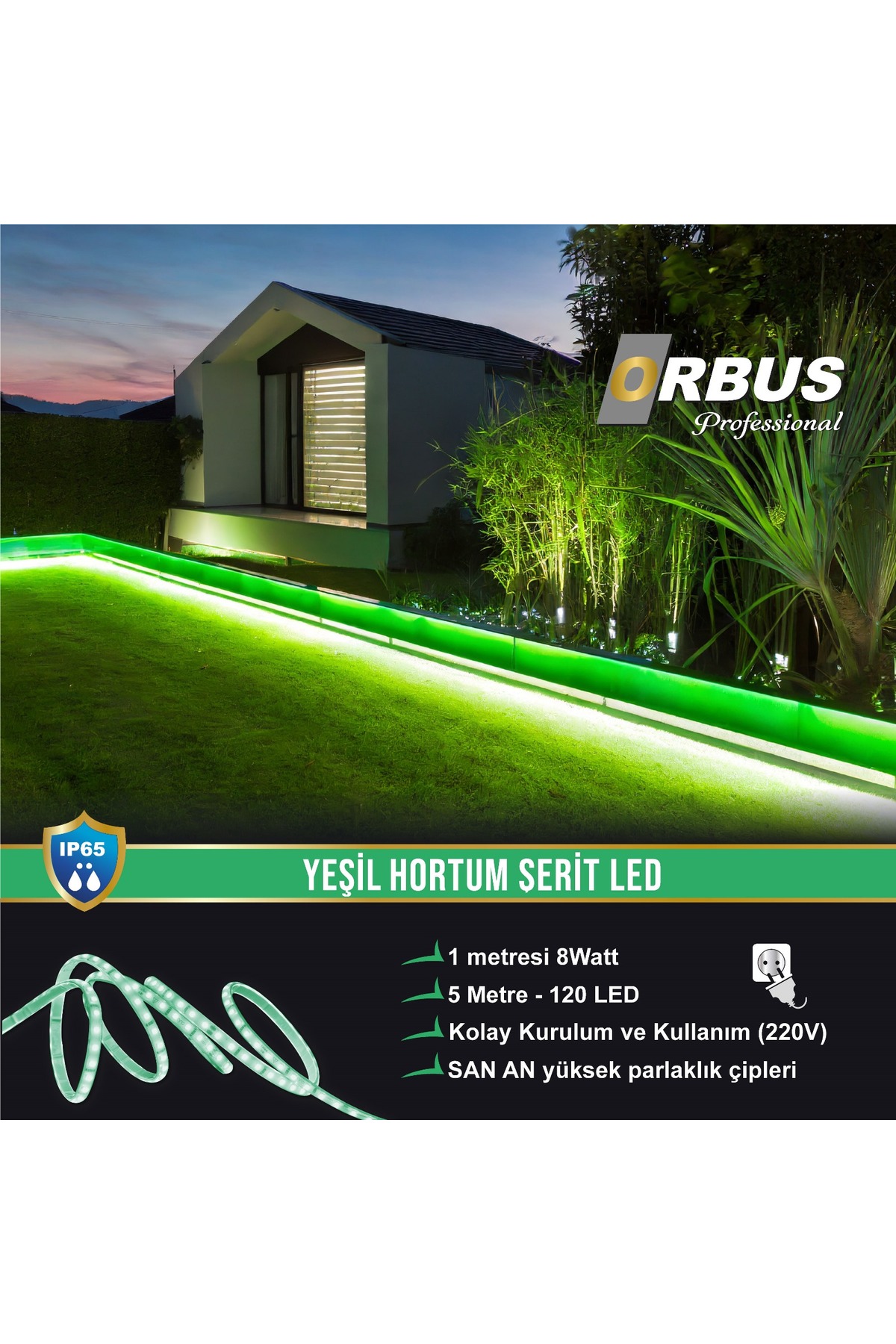 ORBUS Yeşil Renkli 8W Şerit Led 800 Lümen 5 Metre 220V Fiş ile Parlak Aydınlatma