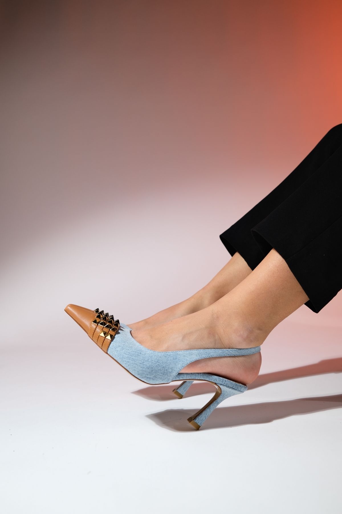 LuviShoes-AELLA Denim Blue Tan Troked Pointed Toe Women's Heeled Shoes 4