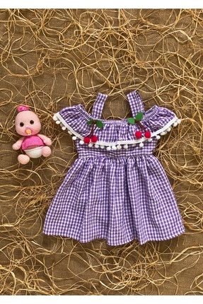 FK HERA STORE Kız Bebek Kareli Kiraz Detaylı Lüx Elbise Kol Üstü Detaylı