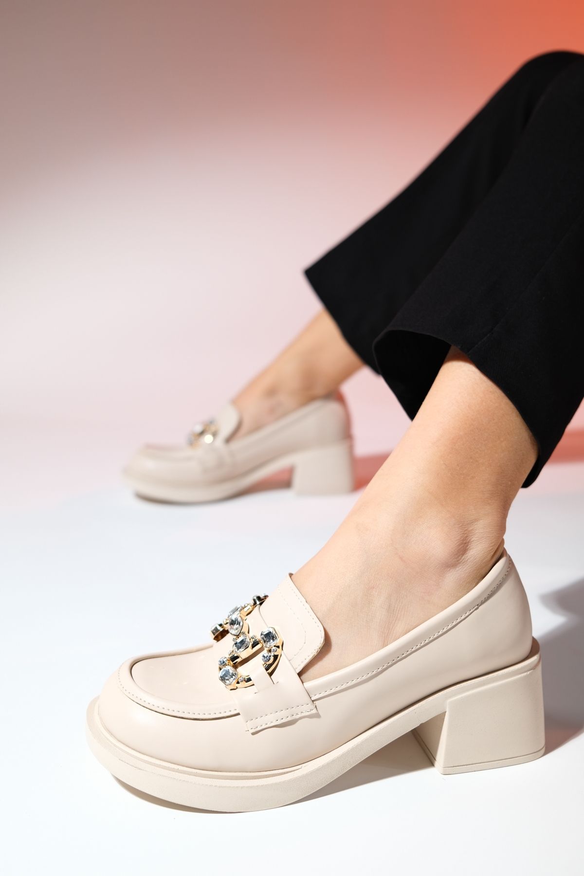 کفش پاشنه کلاسیک نود زنانه های ای ضخیم پوست آنگلو بژ luvishoes