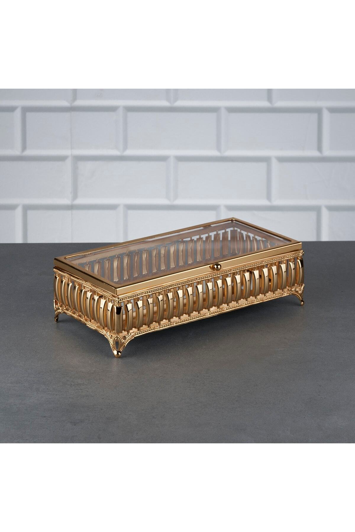 Hinora Hürrem Dikdörtgen Küçük Sandık Cam Kapaklı Aynalı Çikolata Ve Takı Kutusu Altın 24x12x7cm