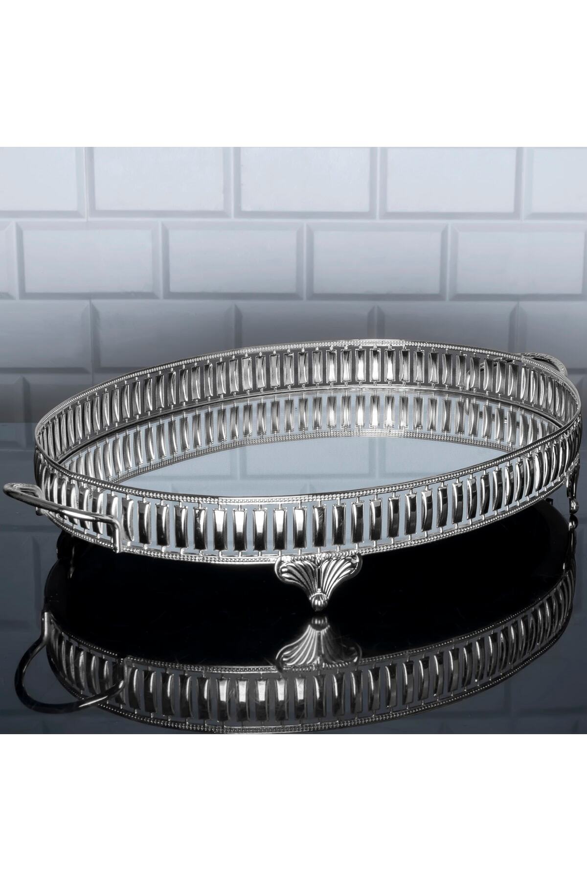 Hinora Hürrem Oval Büyük Tepsi Aynalı Metal Kulplu Sunumluk Çay Servis Tepsisi Gümüş 51x33 Cm