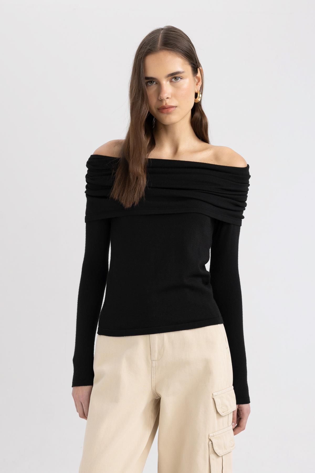 DeFacto-Fitted Open Shoulder Sweater D0049AX24SP 1