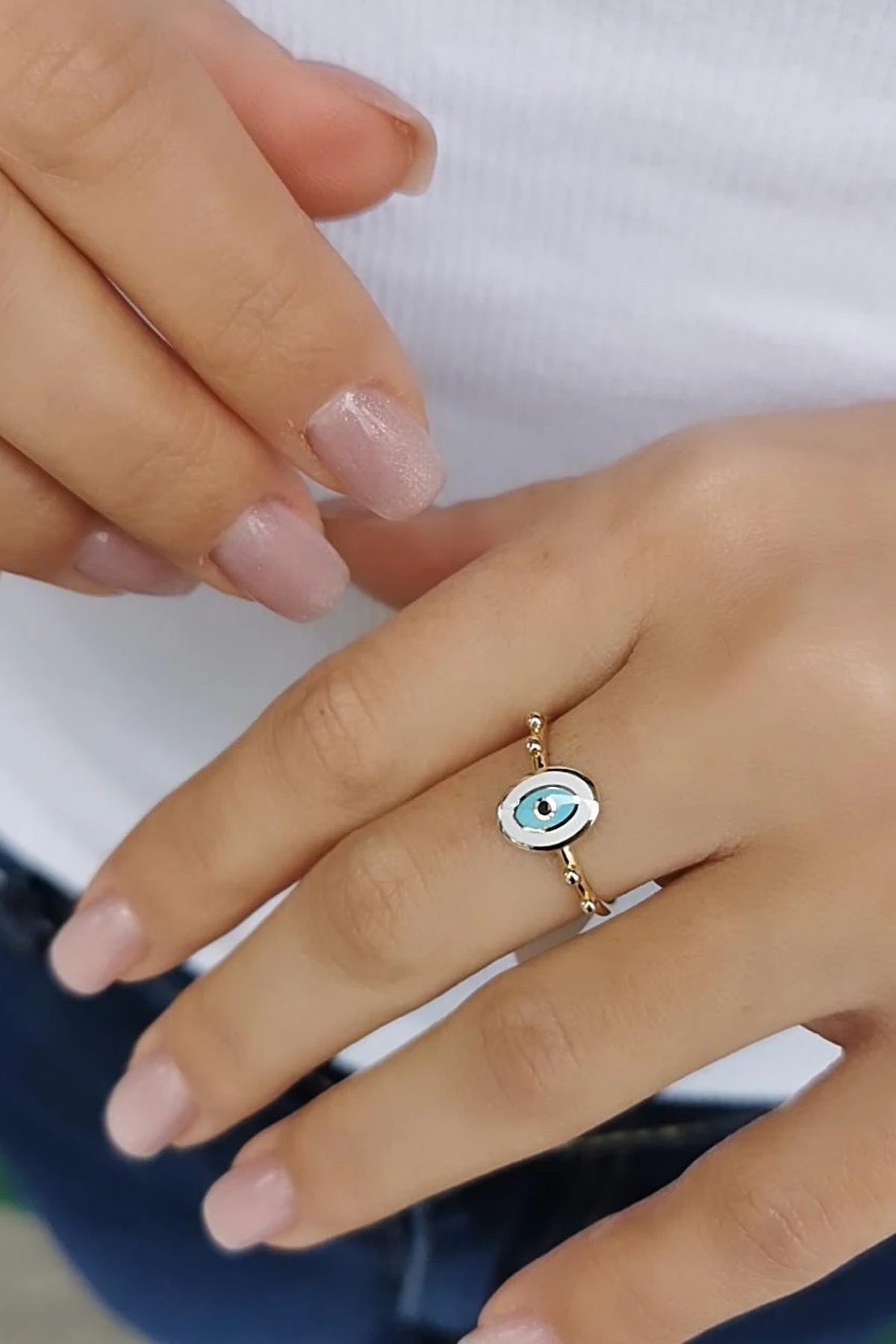 14 AYAR OVAL BEYAZ NAZAR MİNELİ ALTIN YÜZÜK 2