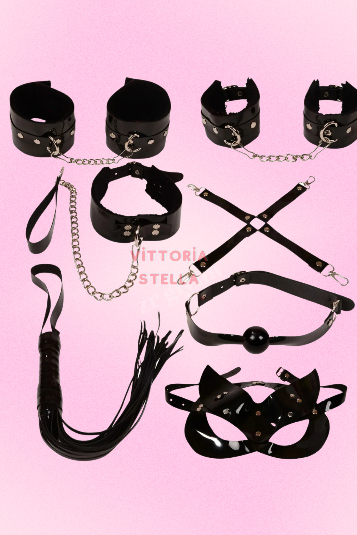 Kadın Siyah 7 Parça Sexi BDSM Seti - Fantezi Set Seksi Esaret Kelepçeli Kırbaç Tasma Fantezi Seti