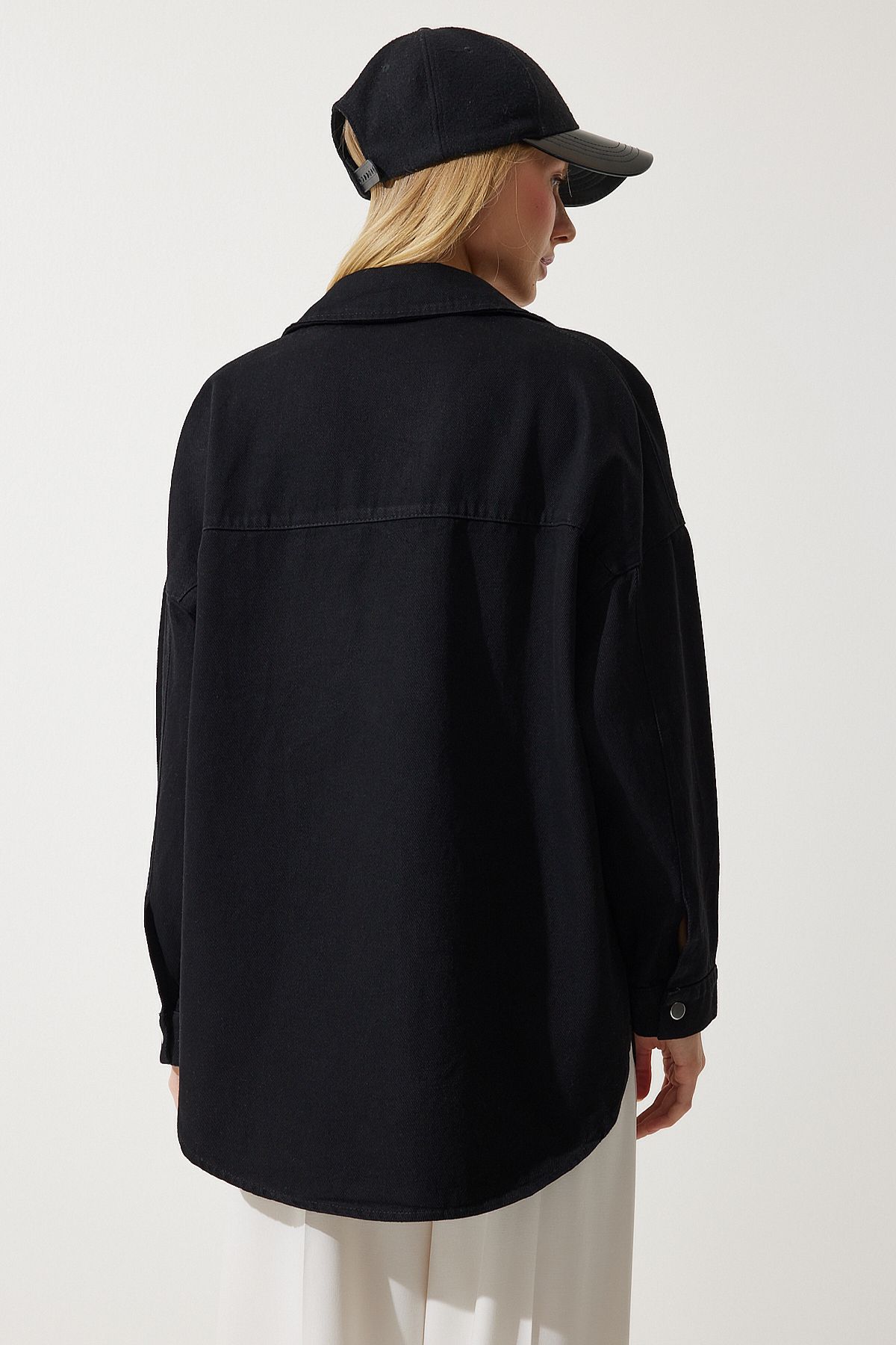 Happiness İstanbul-Jachetă neagră oversize din Gabardină cu buzunare pentru femei RV00176 6
