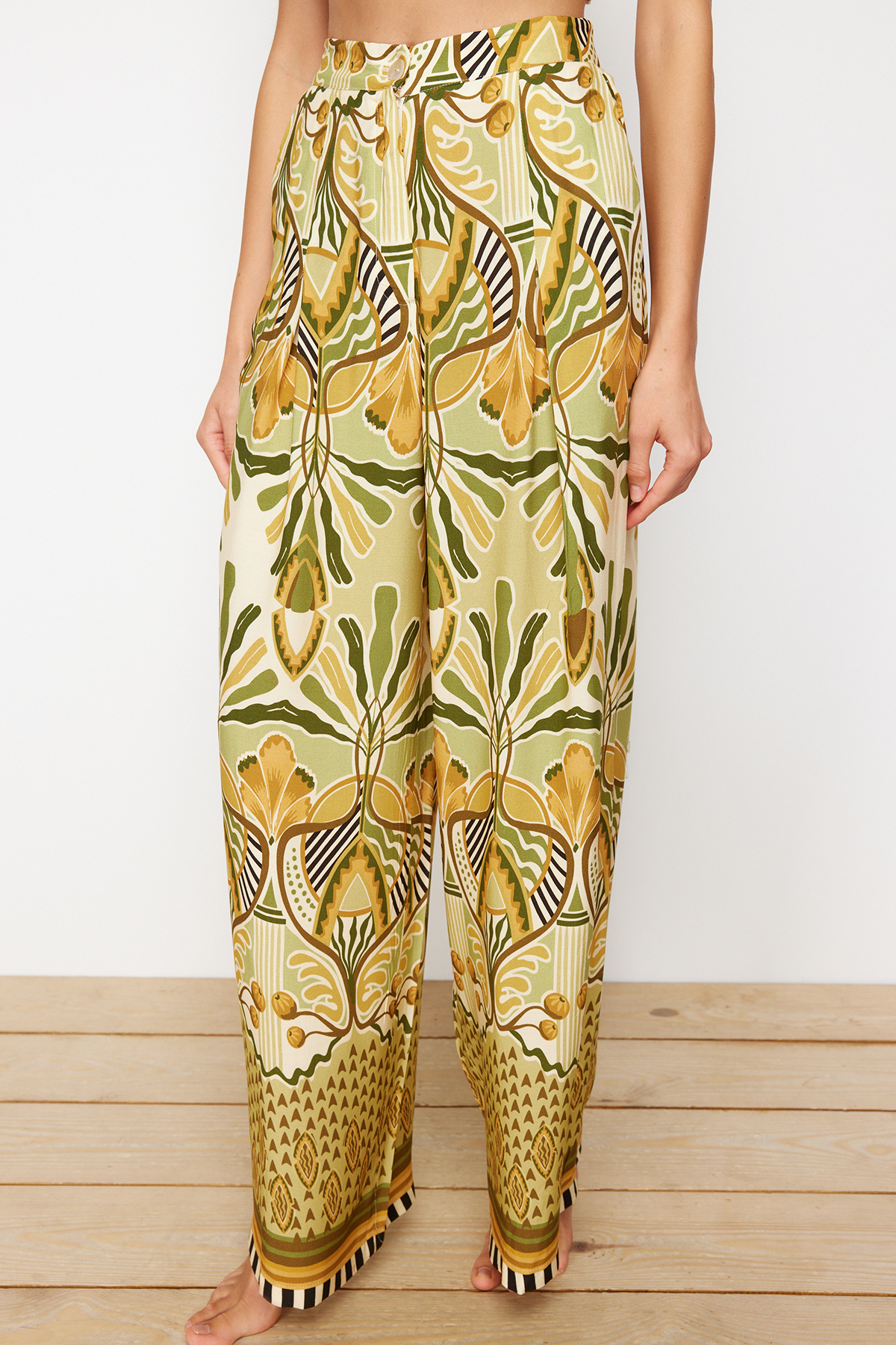 Trendyolmilla  Etnik Desenli Desenli Dokuma Gipeli Straplez Bluz Pantolon Plaj Takım TBESS24AU00032 - Görsel 5