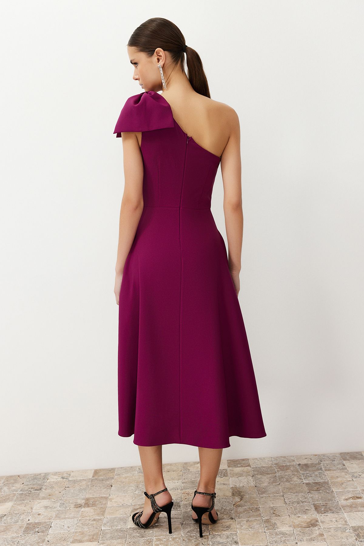 Trendyol Collection-Κομψό υφαντό βραδινό φόρεμα - Plum A-Cut, Λεπτομέρεια φιόγκου TPRSS24EL00105 6