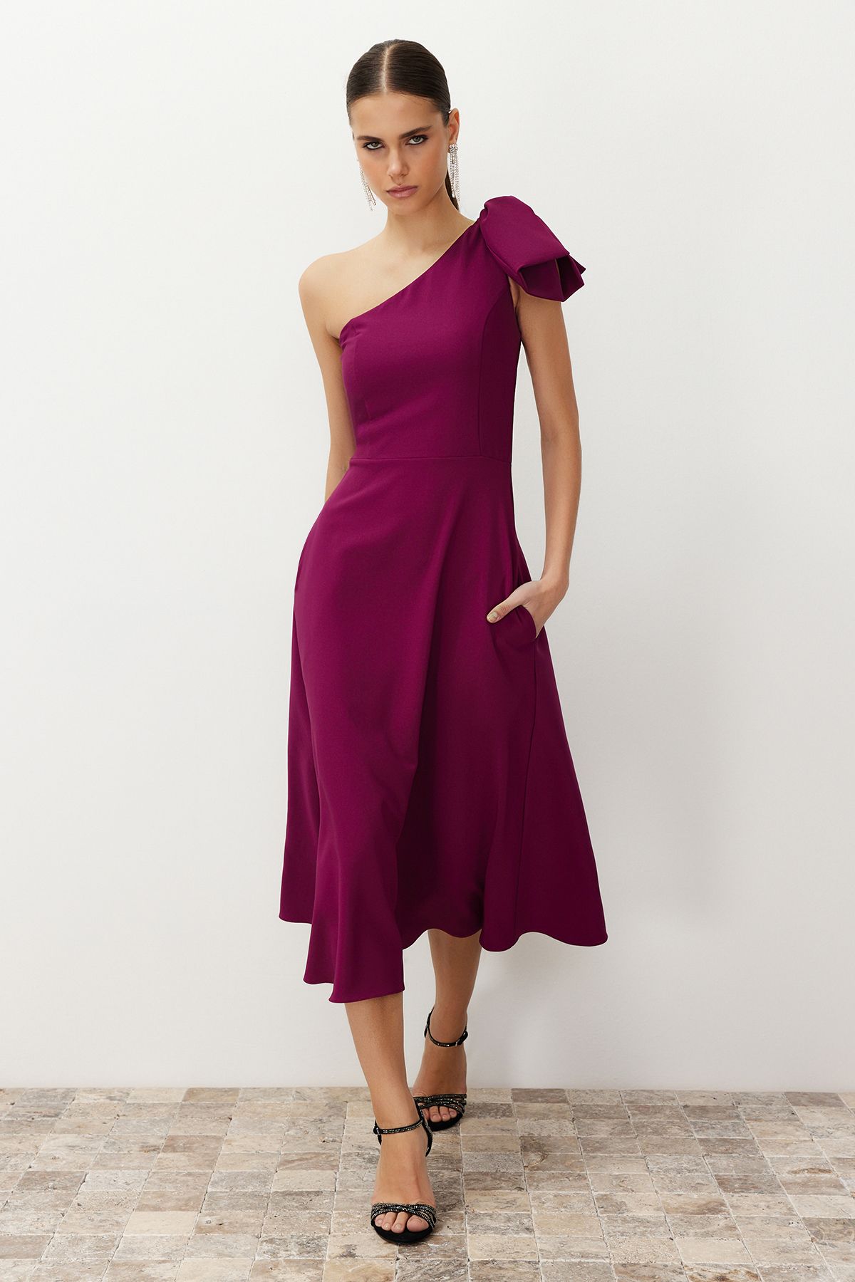 Trendyol Collection-Κομψό υφαντό βραδινό φόρεμα - Plum A-Cut, Λεπτομέρεια φιόγκου TPRSS24EL00105 2