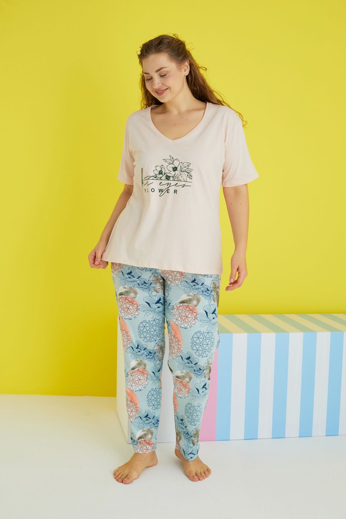 Siyah İnci-multicolor Curve Plus Size Oversize Knitted Pajamas Set 2