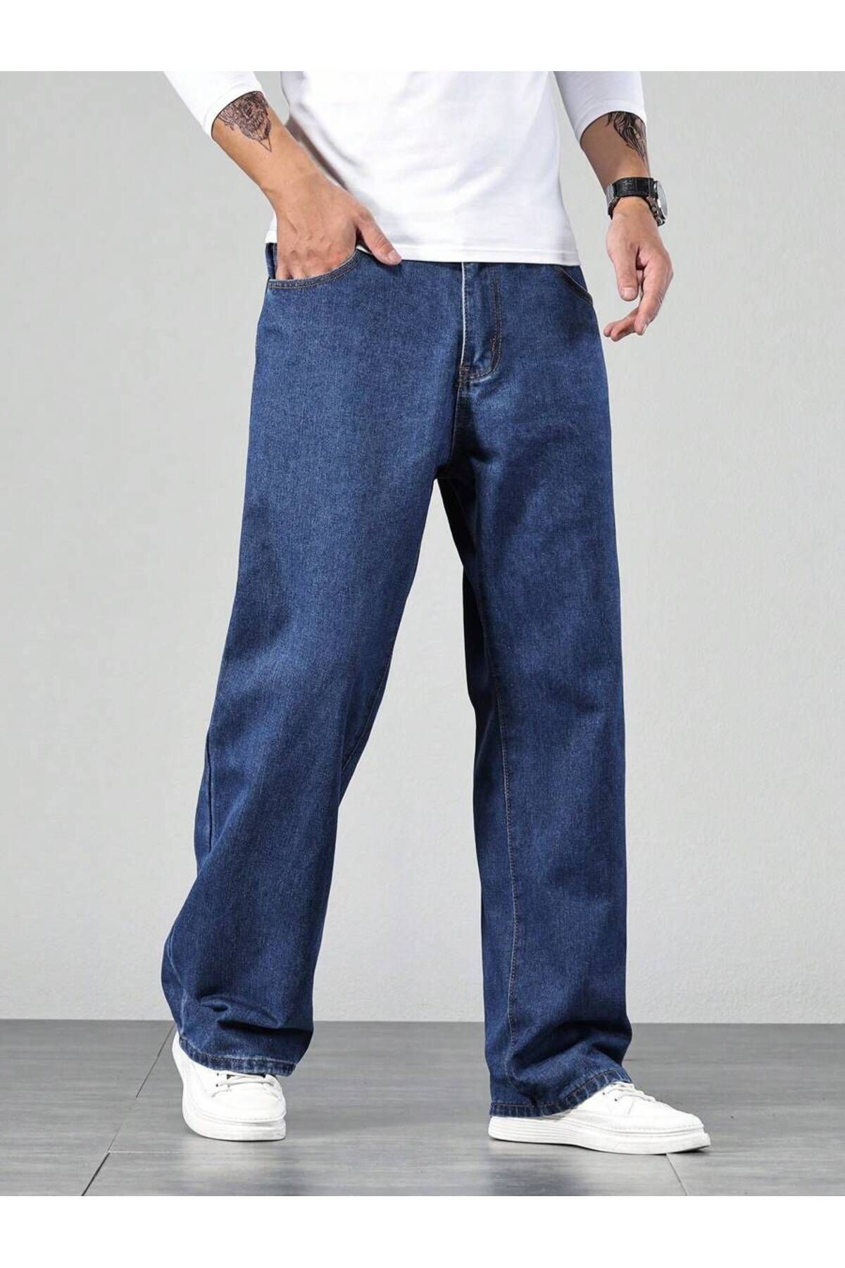 carwin-Men's Baggy Jeans Dark Blue Brown Tint Denim Jeans 2