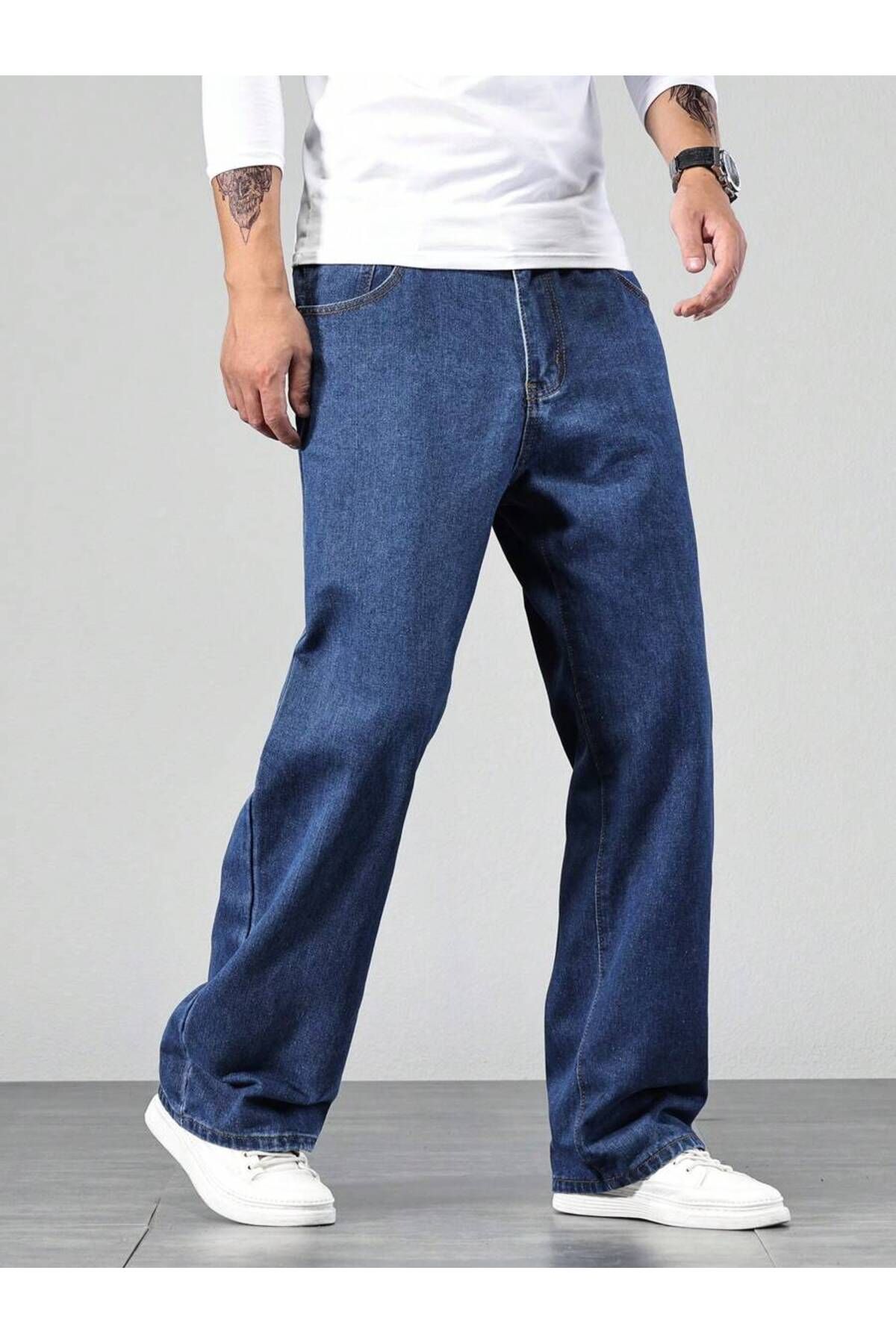 carwin-Men's Baggy Jeans Dark Blue Brown Tint Denim Jeans 4