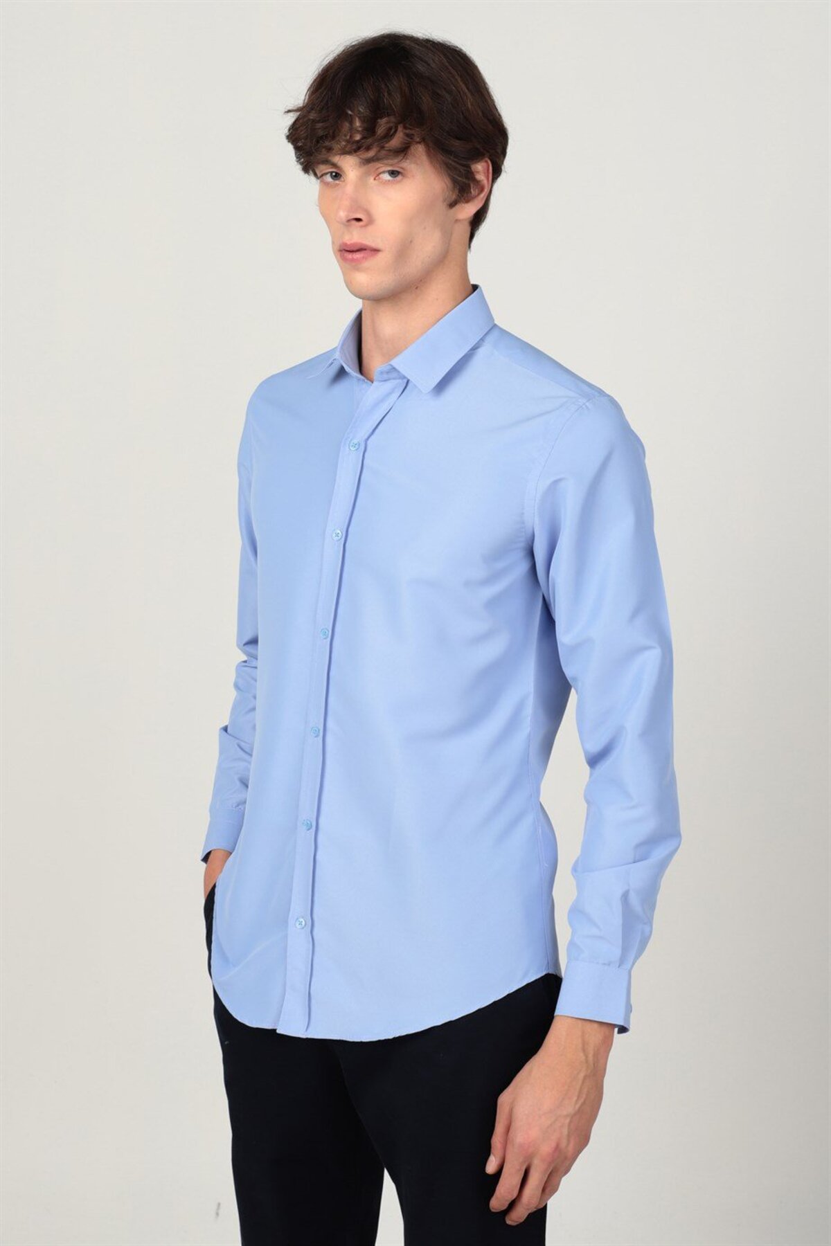 Slim Fit, leicht zu bügeln, schweißabsorbierend, atmungsaktiv, mit Krawattenhalter, blaues Vier-Jahreszeiten-Herrenhemd - 